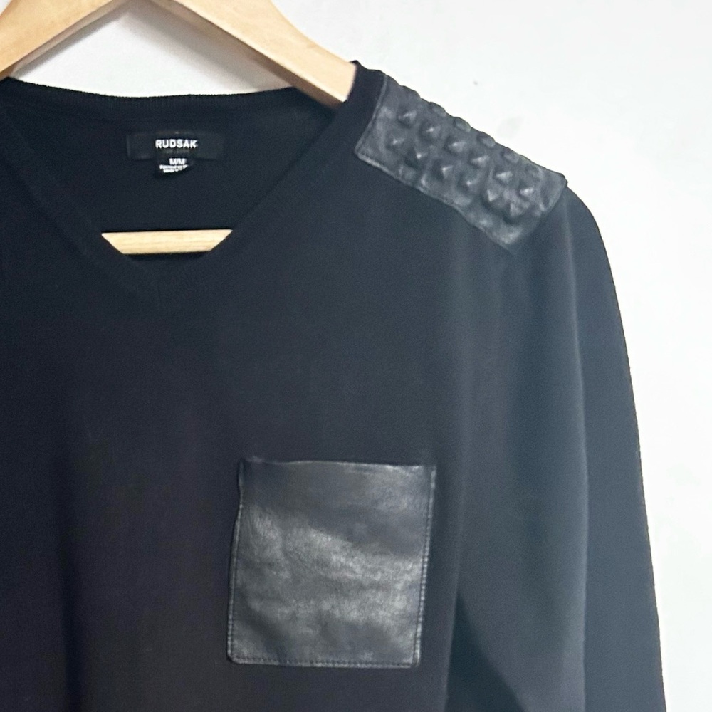 Rudsak black pullover sweater with leather pocket and leather shoulder patches - Picture 5 of 5